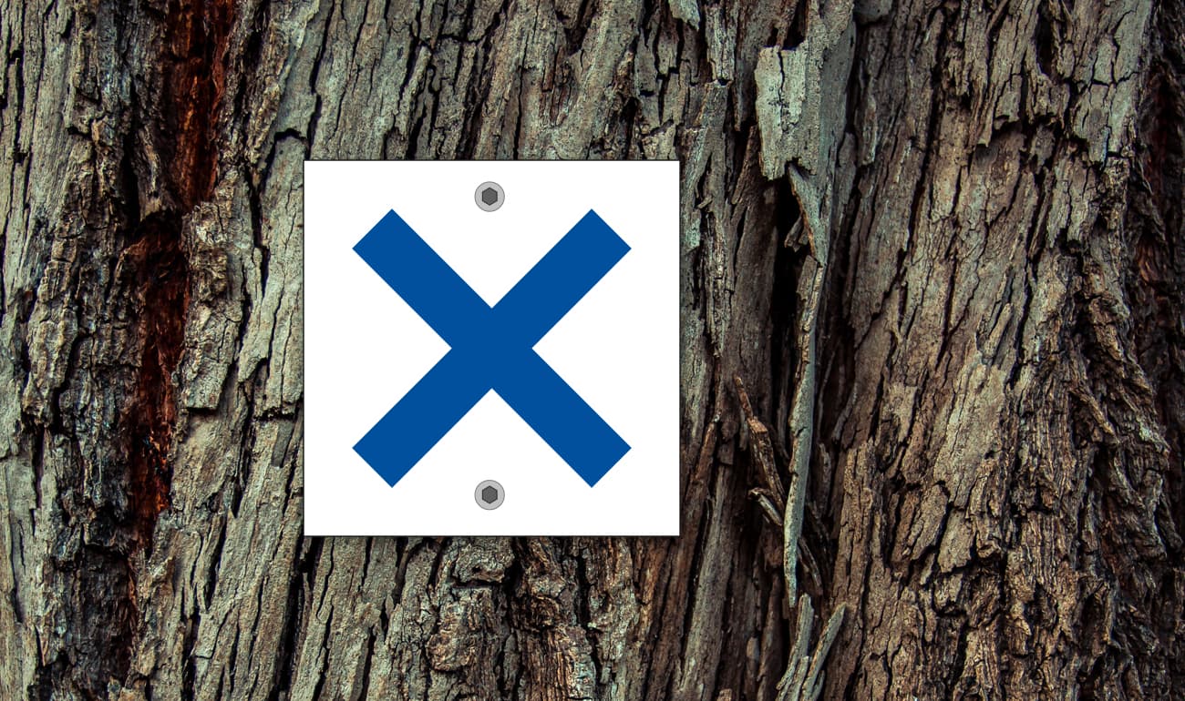 weißes Quadrat mit blauem Kreuz auf Baumstamm